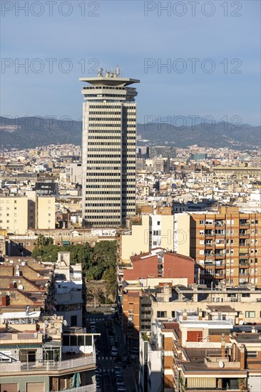 Aerial view from Montjuic of the city of Barcelona in Catalonia Spain