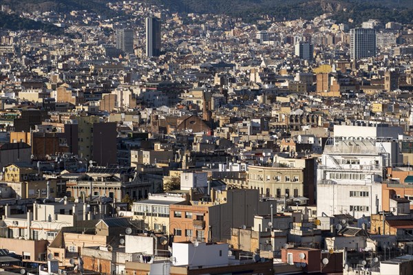 Aerial view from Montjuic of the city of Barcelona in Catalonia Spain