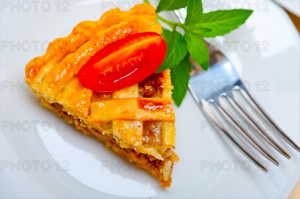 Fresh baked home made beef pie macro closeup