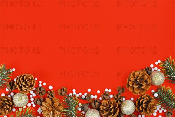Seasonal Christmas flat lay with snow covered pine tree branches