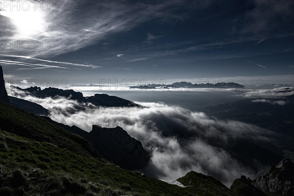 Cloudy atmosphere over the Rhine valley with Swiss mountains