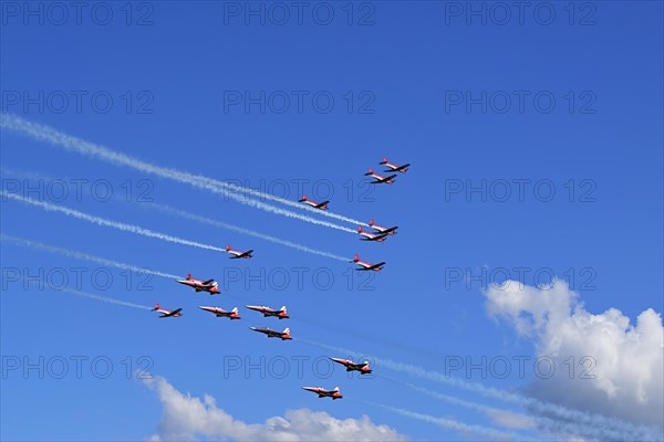 Formation flight of the Patrouille Suisse with the Northrop F-5E Tiger II and the PC-7 Team