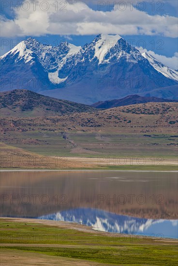 High alpine mountain lake before the Himalaya range along the southern route into Western Tibet