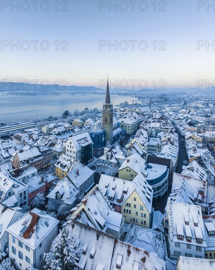 Aerial view of the town of Radolfzell on Lake Constance on a cold winter morning