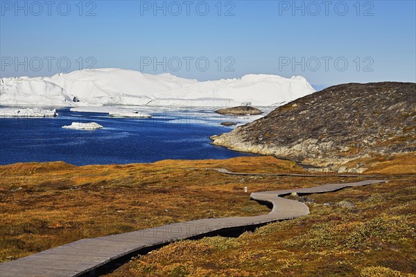 Wooden footbridge with view of giant icebergs
