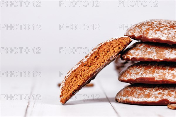 Inside of traditional German round glazed gingerbread Christmas cookie called 'Lebkuchen'