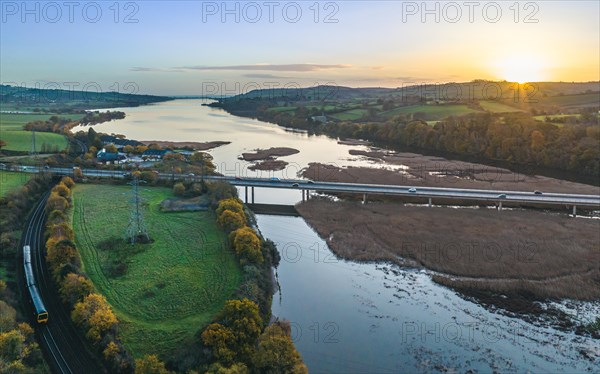 Sunrise over Newton Abbot Bridge and River Teign from a drone