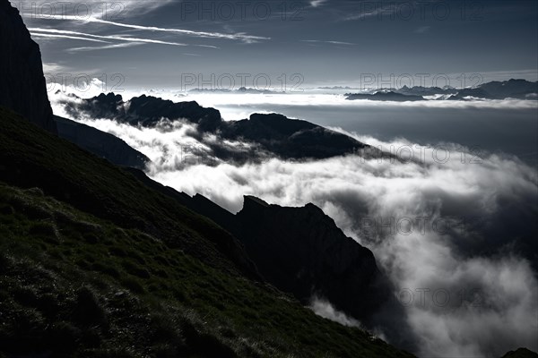 Cloudy atmosphere over the Rhine valley with Swiss mountains