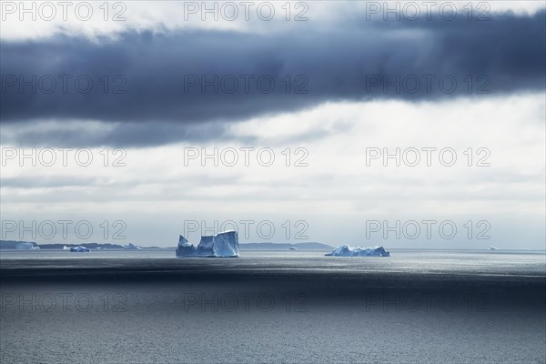 Icebergs drifting on the open sea against a dark cloudy sky