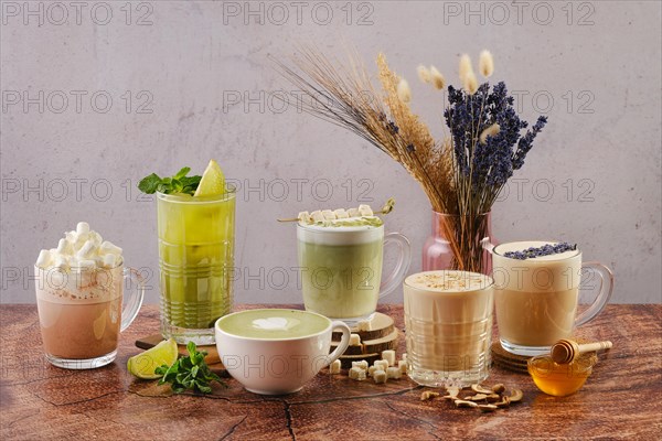 Various hot drinks with matcha and lavender flavour