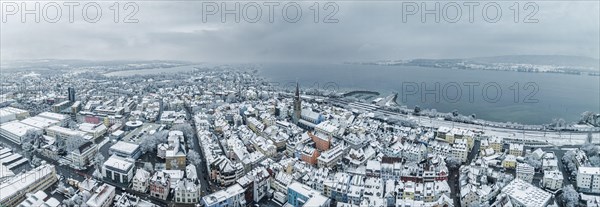 Aerial view of the town of Radolfzell on Lake Constance in winter