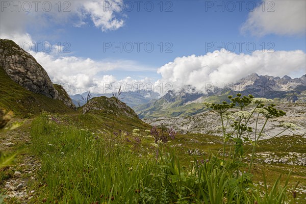 View from Gehrengrat over the fog-shrouded peaks of the Alps. Lech