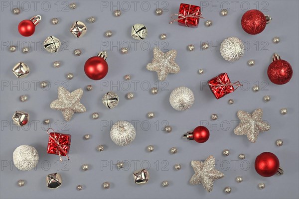 Silver and red Christmas ornaments like small gift boxes