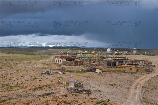 Little village below the Chiu monastery at the Lake Manasarovar