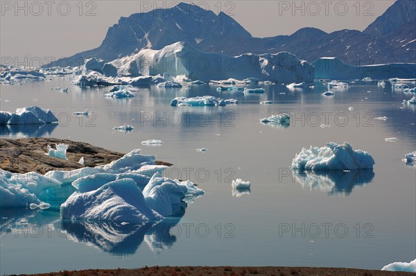 Icebergs reflected in a fjord