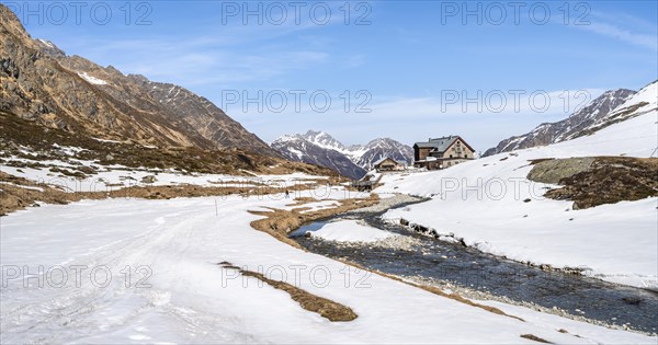 Oberbergbach and Franz-Senn-Huette mountain hut in winter