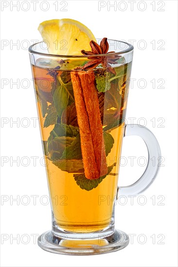 Orange and mint tea with cinnamon flavour isolated on white