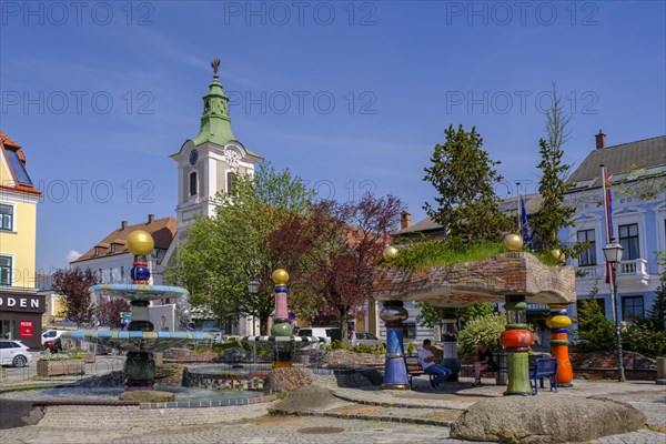 Hundertwasser Fountain from 1994 on the main square of Zwettl