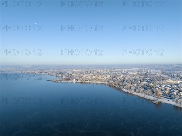 Aerial view of the town of Radolfzell on Lake Constance in winter