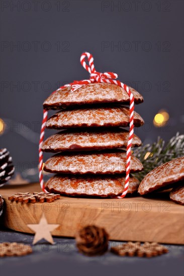 Stack of traditional German round glazed gingerbread Christmas cookie called 'Lebkuchen'