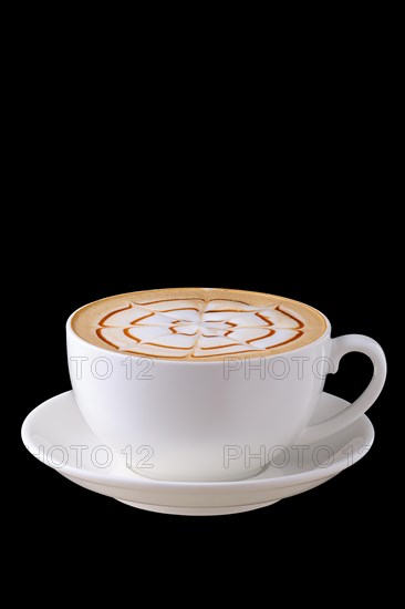 Big ceramic cup of cappuccino on saucer on black background