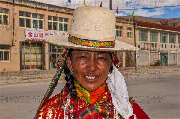 Traditional dressed woman on the festival of the tribes in Gerze Western Tibet