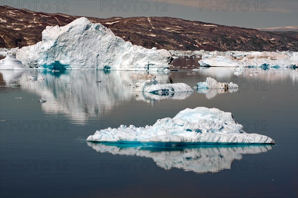 Icebergs reflected in a fjord