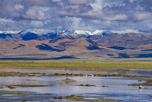 Overflooded open wide scenery in Tibet along the southern route into Western Tibet
