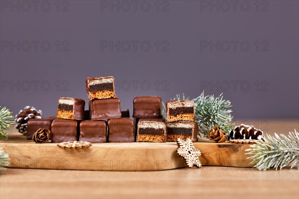 Traditional German sweets called 'Dominosteine'. Christmas candy consisting of gingerbread