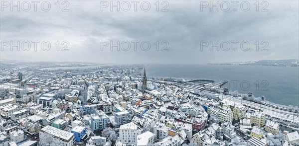 Aerial view of the town of Radolfzell on Lake Constance in winter