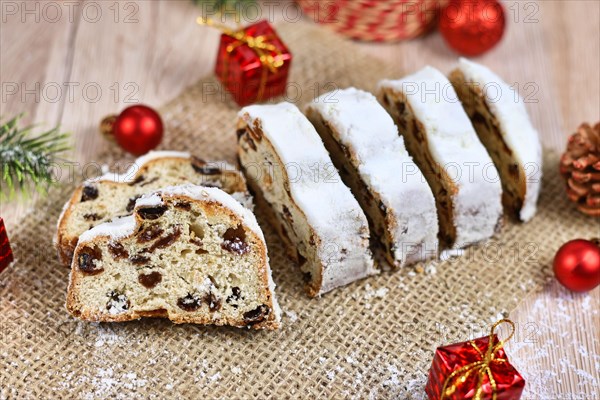 Traditional German christmas season sweet food called Stollen or Christstollen