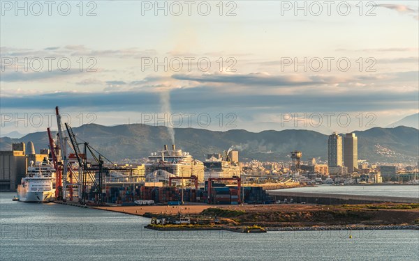 Container Port and Cruise Ships at sunrise in Barcelona