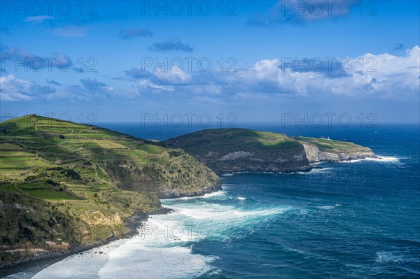 Overlook over the northern coastline from the viewpoint Santa Iria Island of Sao Miguel