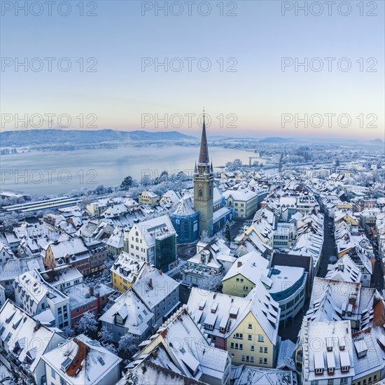 Aerial view of the town of Radolfzell on Lake Constance on a cold winter morning