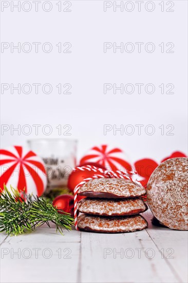 Stack of traditional German round glazed gingerbread Christmas cookie called 'Lebkuchen'