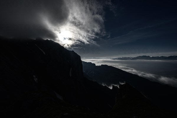 Cloudy atmosphere over the Rhine valley with Swiss mountains