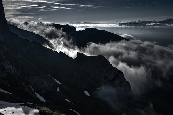 Cloudy atmosphere over the Rhine valley with Swiss mountains