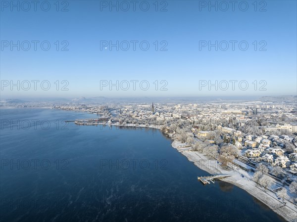 Aerial view of the town of Radolfzell on Lake Constance in winter