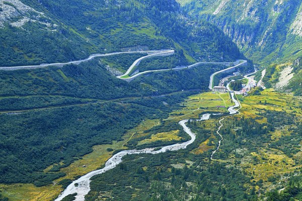 View from the Rhone glacier to the glacier stream and the pass road from Furka