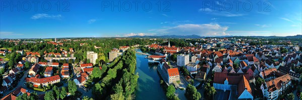 The Iller from above. Aerial view of the old town of Kempten with a view of the Alps. Kempten