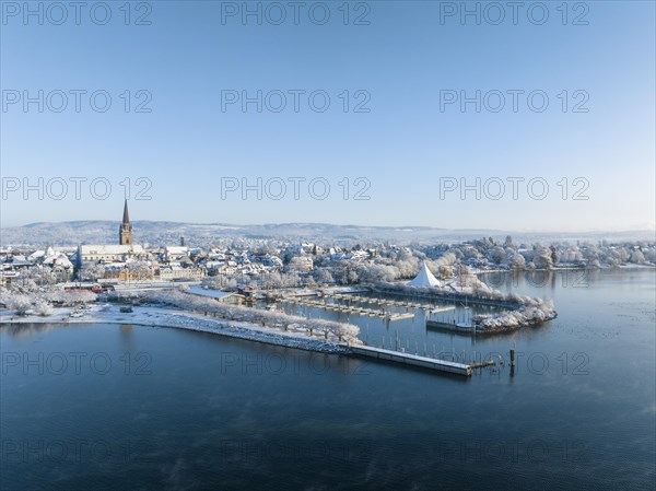 Aerial view of the town of Radolfzell on Lake Constance in winter with the harbour pier and Waeschbruckhafen