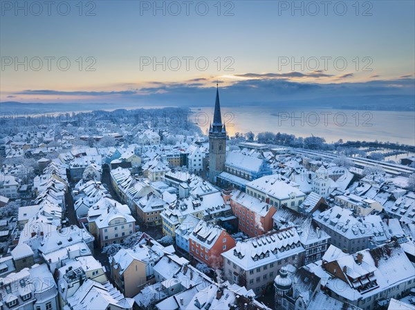 Aerial view of the town of Radolfzell on Lake Constance on a cold winter morning