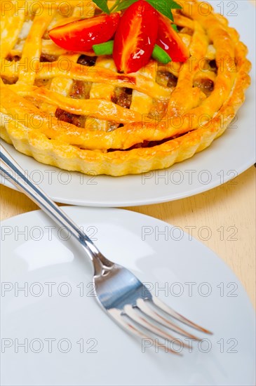 Fresh baked home made beef pie macro closeup