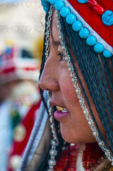 Traditional dressed woman on the festival of the tribes in Gerze Western Tibet