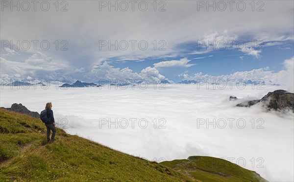 A hiker looks above the clouds at the peaks of the Alps on the Gehrengrat