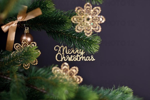 Golden Christmas tree ornament with text Merry Christmas hanging from fir tree branch with snowflake shaped baubles on dark back background