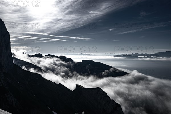 Cloudy atmosphere over the Rhine valley with Swiss mountains