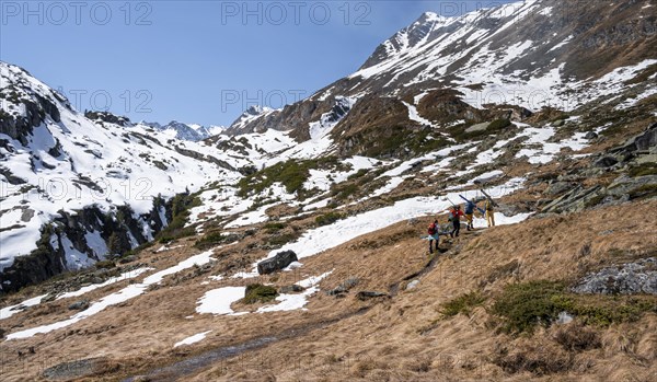 Ski tourers hiking in spring with little snow