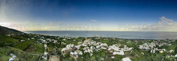 A 180 degree view of Stromboli and church San Vicenzo Ferreri Blue Stromboli island