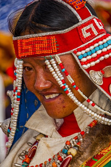 Traditional dressed woman on the festival of the tribes in Gerze Western Tibet